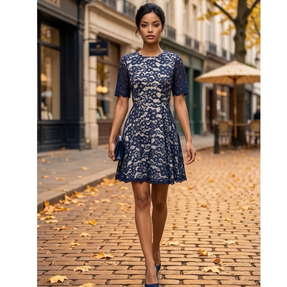 Shoshanna Navy Blue Floral Lace Fit & Flare Cocktail Dress Short Sleeve Size 4